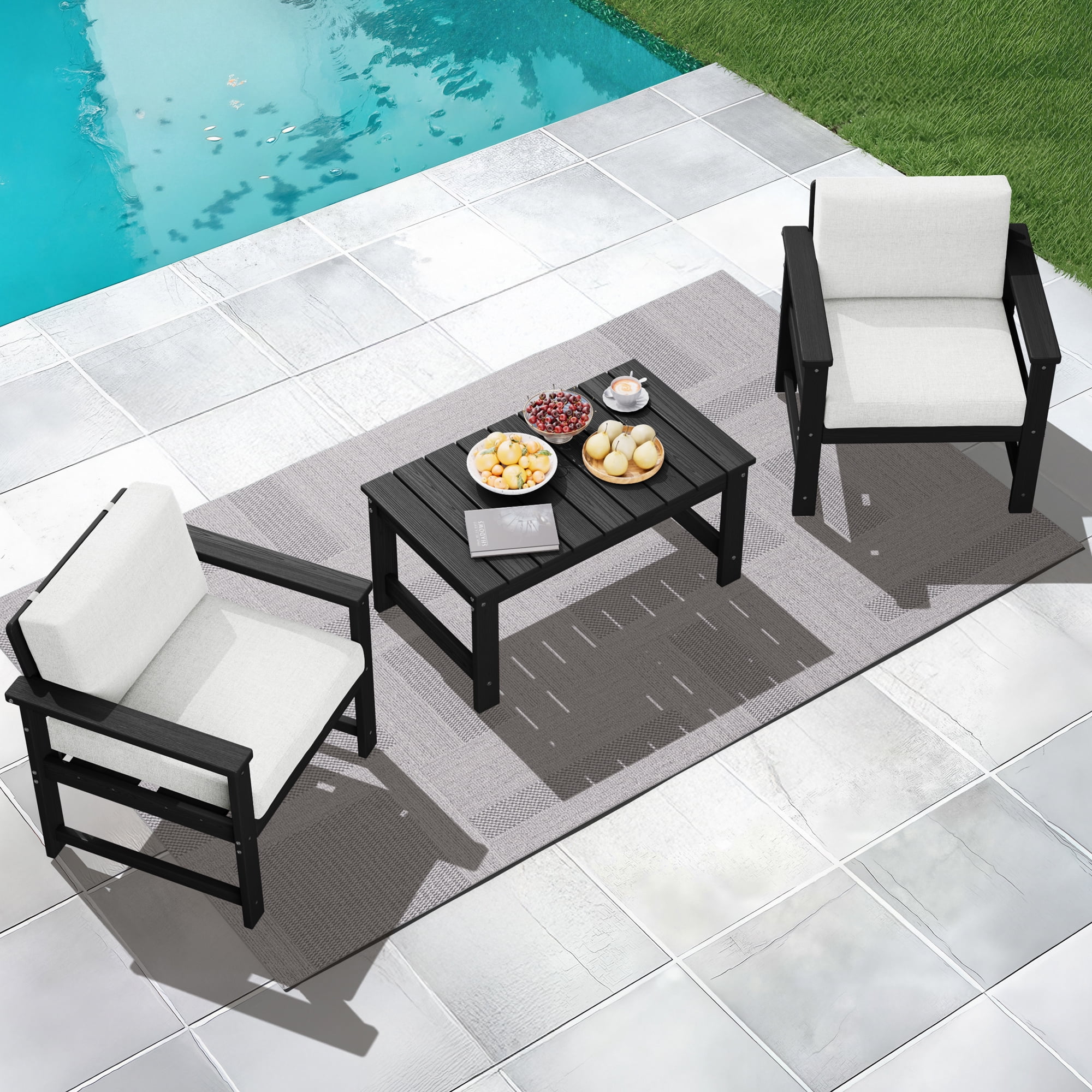 KINGYES 3 Pieces Outdoor Furniture Set, HDPE All Weather Use Conversation Couch Sets,2 Armchairs & 1 Coffee Table for Patio Backyard, Black Frame with Khaki Cushions