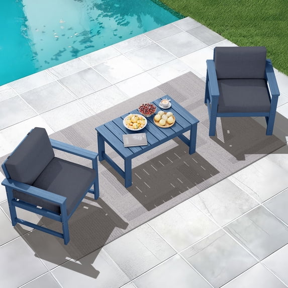 KINGYES 3 Pieces Outdoor Furniture Set, HDPE All Weather Use Conversation Couch Sets,2 Armchairs & 1 Coffee Table for Patio Backyard, Blue Frame with Gray Cushions