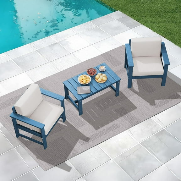 KINGYES 3 Pieces Outdoor Furniture Set, HDPE All Weather Use Conversation Couch Sets,2 Armchairs & 1 Coffee Table for Patio Backyard, Blue Frame with Khaki Cushions