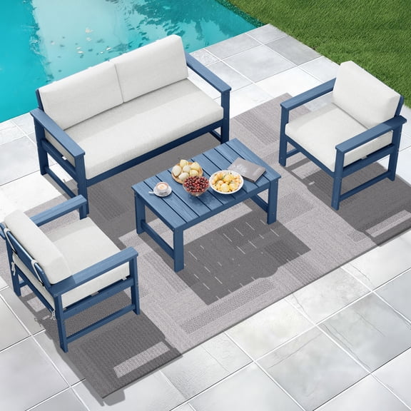 KINGYES 3 Pieces Outdoor Furniture Set, HDPE All Weather Use Conversation Couch Sets,2 Armchairs & 1 Coffee Table for Patio Backyard, Blue Frame with Khaki Cushions