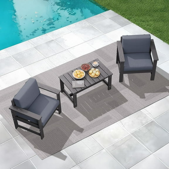 KINGYES 3 Pieces Outdoor Furniture Set, HDPE All Weather Use Conversation Couch Sets,2 Armchairs & 1 Coffee Table for Patio Backyard, Gray Frame with Gray Cushions