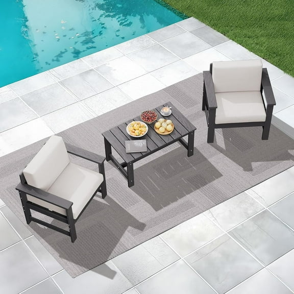 KINGYES 3 Pieces Outdoor Furniture Set, HDPE All Weather Use Conversation Couch Sets,2 Armchairs & 1 Coffee Table for Patio Backyard, Gray Frame with Khaki Cushions
