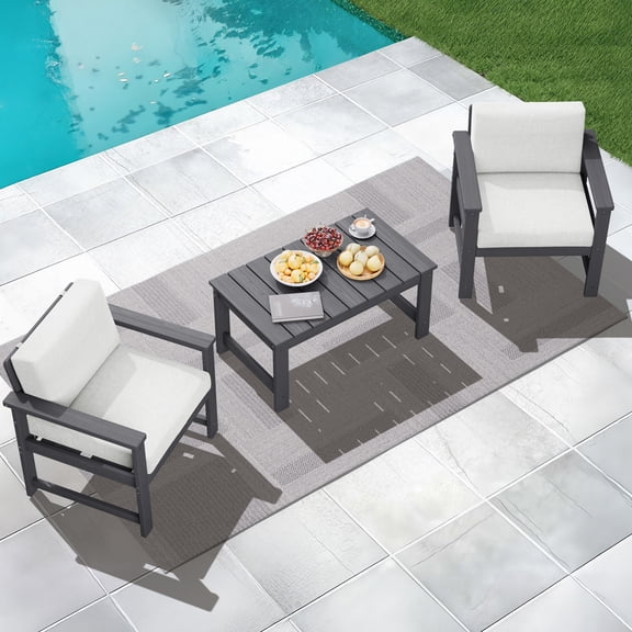 KINGYES 3 Pieces Outdoor Furniture Set, HDPE All Weather Use Conversation Couch Sets,2 Armchairs & 1 Coffee Table for Patio Backyard, Gray Frame with Khaki Cushions