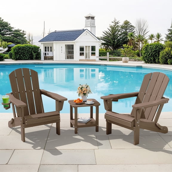SERWALL 3PC Adjustable Folding Adirondack Chair set and Double Side Table, For Outdoor, Patio, Poolside, Garden, Brown