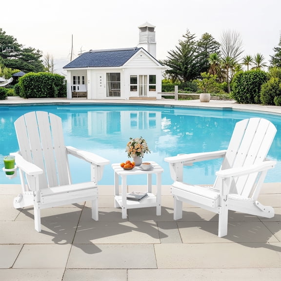 SERWALL 3PC Adjustable Folding Adirondack Chair set and Double Side Table, For Outdoor, Patio, Poolside, Garden, White
