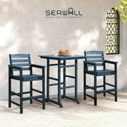 SERWALL 3PC Tall Plastic Adirondack Balcony Chair Set, 2 Chairs and 1 Table,Navy Blue