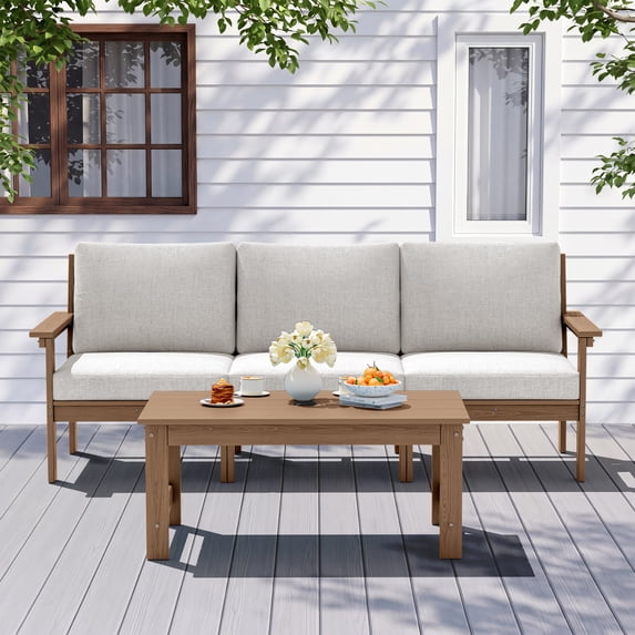 SERWALL 4-Piece HDPE Outdoor Patio Conversation Set, All-Weather Patio Sofa Furniture Set for Porch & Deck, Brown Frame with Beige Cushions