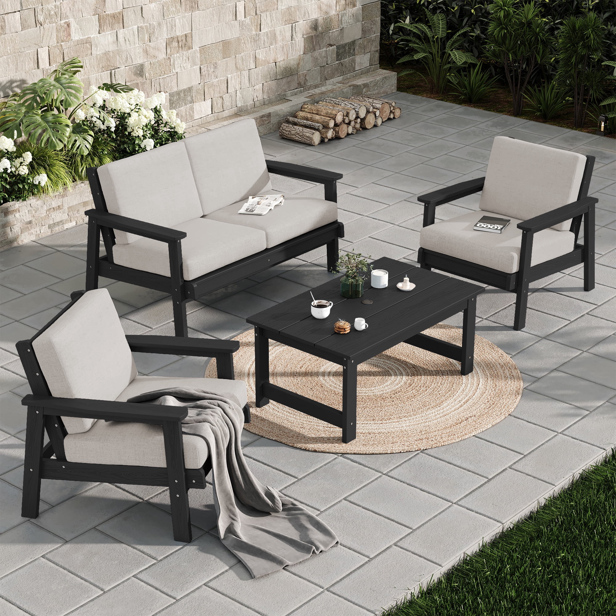 SERWALL 5 Pieces Outdoor HDPE Patio Furniture Sets, Conversation Sets with Cushions, 2 Armchairs & 1 Loveseat & 1 Coffee Table for Poolside, Balcony, Porch & Backyard, Black / Khaki
