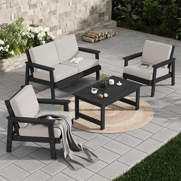 SERWALL 5 Pieces Outdoor HDPE Patio Furniture Sets, Conversation Sets with Cushions, 2 Armchairs & 1 Loveseat & 1 Coffee Table for Poolside, Balcony, Porch & Backyard, Black / Khaki