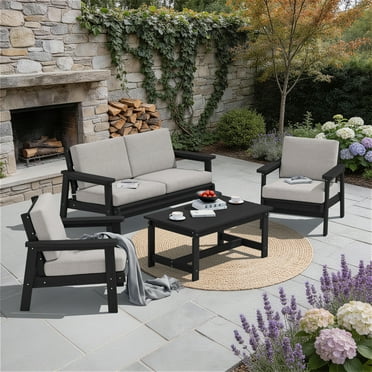 SERWALL 5 Pieces Outdoor HDPE Patio Furniture Sets, Conversation Sets with Cushions, 2 Armchairs & 1 Loveseat & 1 Coffee Table for Poolside, Balcony, Porch & Backyard, Black / Khaki