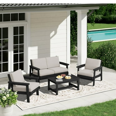 SERWALL 5 Pieces Outdoor HDPE Patio Furniture Sets, Conversation Sets with Cushions, 2 Armchairs & 1 Loveseat & 1 Coffee Table for Poolside, Balcony, Porch & Backyard, Black / Khaki