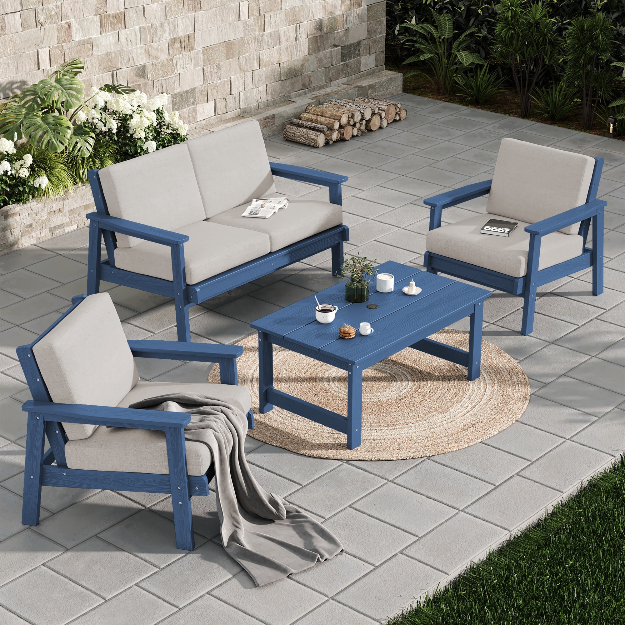 SERWALL 5 Pieces Outdoor HDPE Patio Furniture Sets, Conversation Sets with Cushions, 2 Armchairs & 1 Loveseat & 1 Coffee Table for Poolside, Balcony, Porch & Backyard, Blue / Khaki