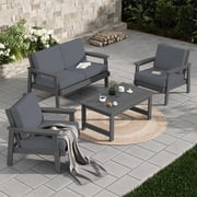 SERWALL 5 Pieces Outdoor HDPE Patio Furniture Sets, Conversation Sets with Cushions, 2 Armchairs & 1 Loveseat & 1 Coffee Table for Poolside, Balcony, Porch & Backyard, Grey / Grey