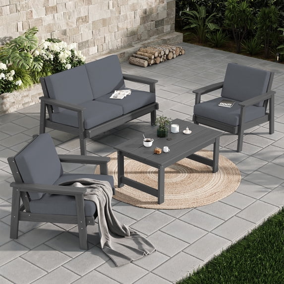 SERWALL 5 Pieces Outdoor HDPE Patio Furniture Sets, Conversation Sets with Cushions, 2 Armchairs & 1 Loveseat & 1 Coffee Table for Poolside, Balcony, Porch & Backyard, Grey / Grey