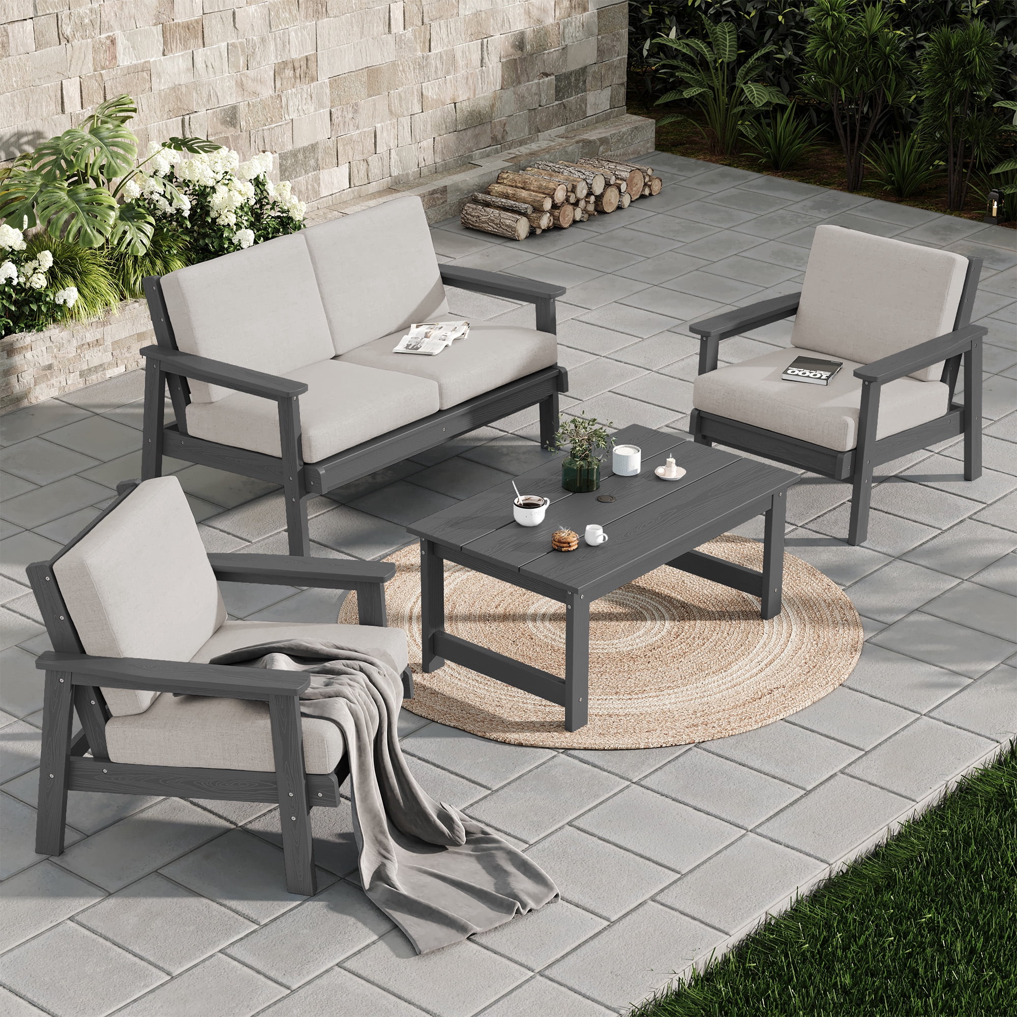 SERWALL 5 Pieces Outdoor HDPE Patio Furniture Sets, Conversation Sets with Cushions, 2 Armchairs & 1 Loveseat & 1 Coffee Table for Poolside, Balcony, Porch & Backyard, Grey / Khaki