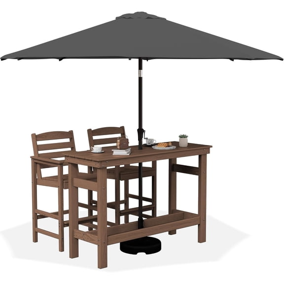 SERWALL 4 Pieces Outdoor Bar Table Set with 9ft Umbrella, HDPE Outdoor Bar Height Table Set with Patio Umbrella, Brown