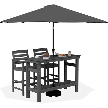 SERWALL 4 Pieces Outdoor Bar Table Set with 9ft Umbrella, HDPE Outdoor Bar Height Table Set with Patio Umbrella, Grey