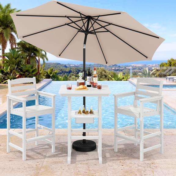 SERWALL 4 Pieces Outdoor Barstools and Ice Burcket Bar Table Set with 9FT Patio Umbrella, HDPE Bar Height Chairs Set of 2 and Bar Table, Tall Adirondack Chairs for Poolside, White