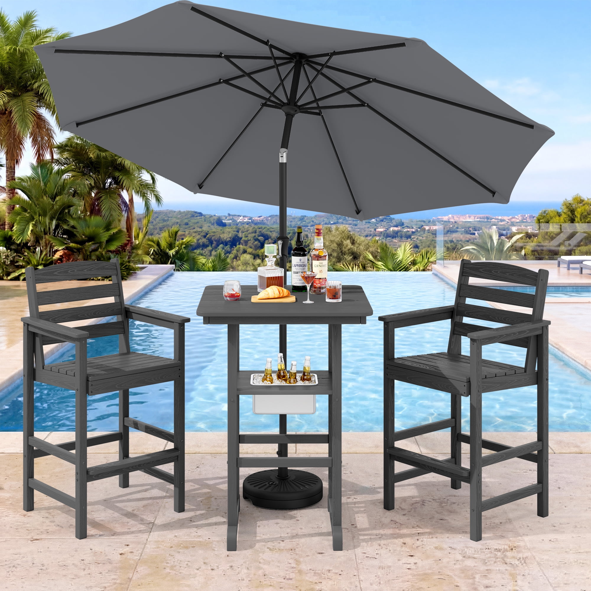 bars with patio umbrellas SERWALL 4 Pieces Outdoor Barstools and Ice Burcket Bar Table Set with 9FT  Patio Umbrella, HDPE Bar Height Chairs Set of 2 and Ice Burcket Bar Table,