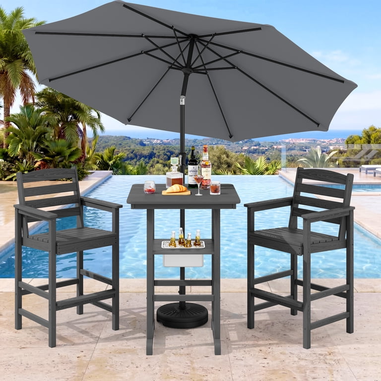 bar height patio table with umbrella 2 chairs SERWALL 4 Pieces Outdoor Barstools and Ice Burcket Bar Table Set with 9FT  Patio Umbrella, HDPE Bar Height Chairs Set of 2 and Ice Burcket Bar Table,