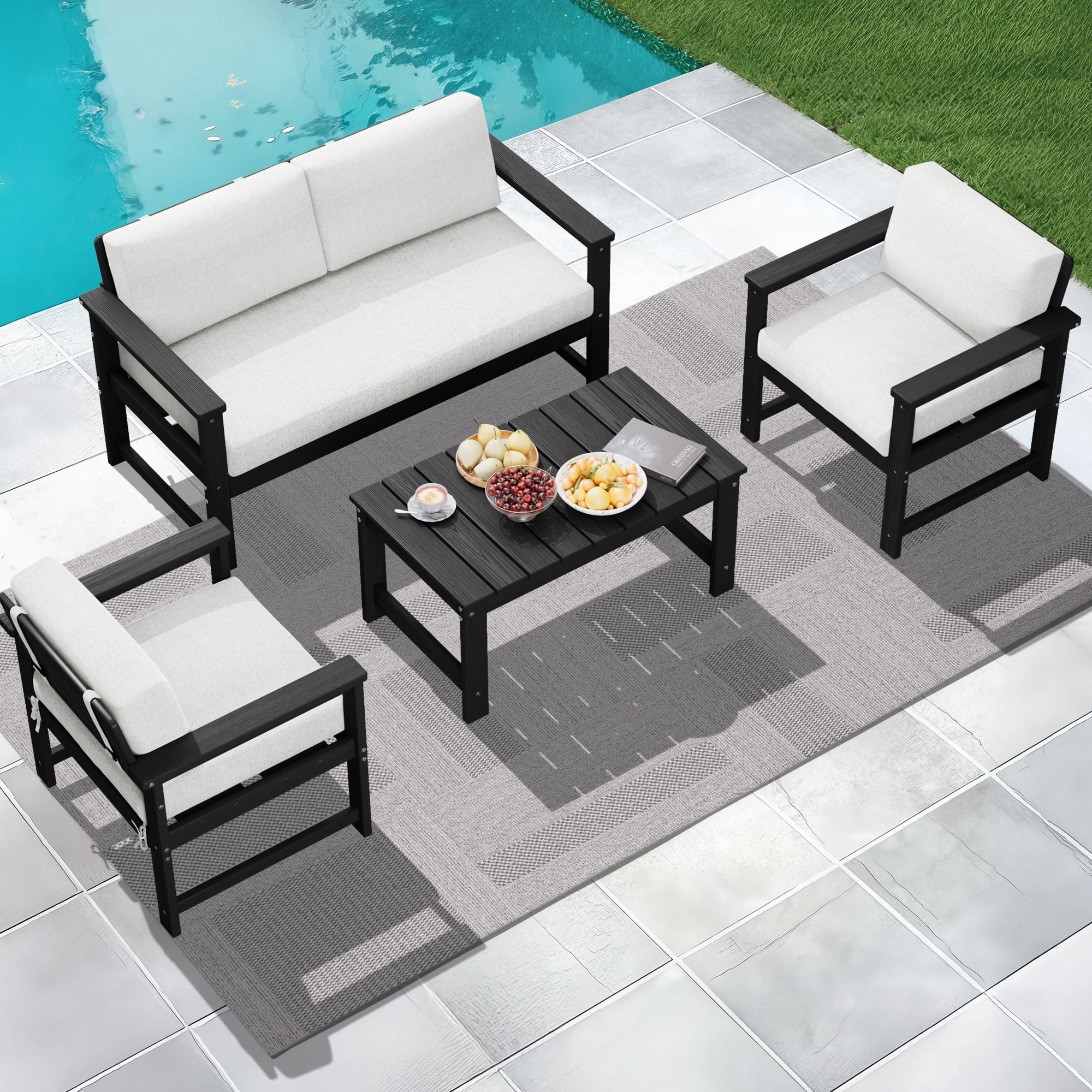 KINGYES 4 Pieces Outdoor Furniture Set, HDPE All Weather Use Conversation Couch Sets,2 Armchairs & 1 Loveseat & 1 Coffee Table for Patio Backyard, Black Frame with Khaki Cushions