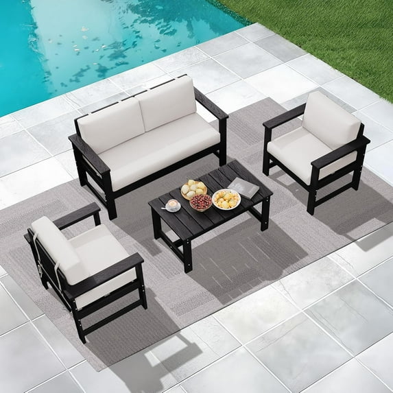 KINGYES 4 Pieces Outdoor Furniture Set, HDPE All Weather Use Conversation Couch Sets,2 Armchairs & 1 Loveseat & 1 Coffee Table for Patio Backyard, Black Frame with Khaki Cushions