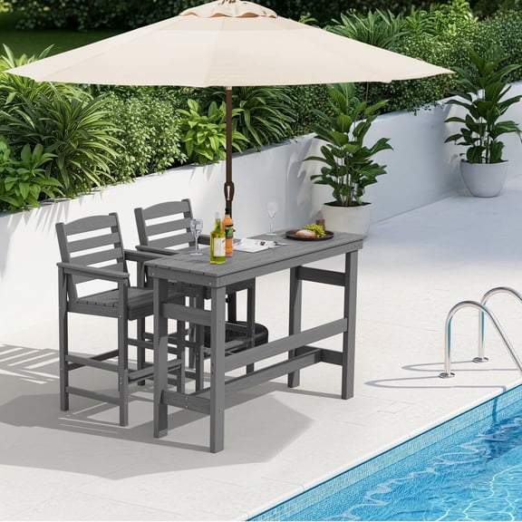 SERWALL HDPE Outdoor Patio Bar Set with 9ft Umbrella, 4 Pieces Outdoor Bar Height Table Set with Patio Umbrella, Grey