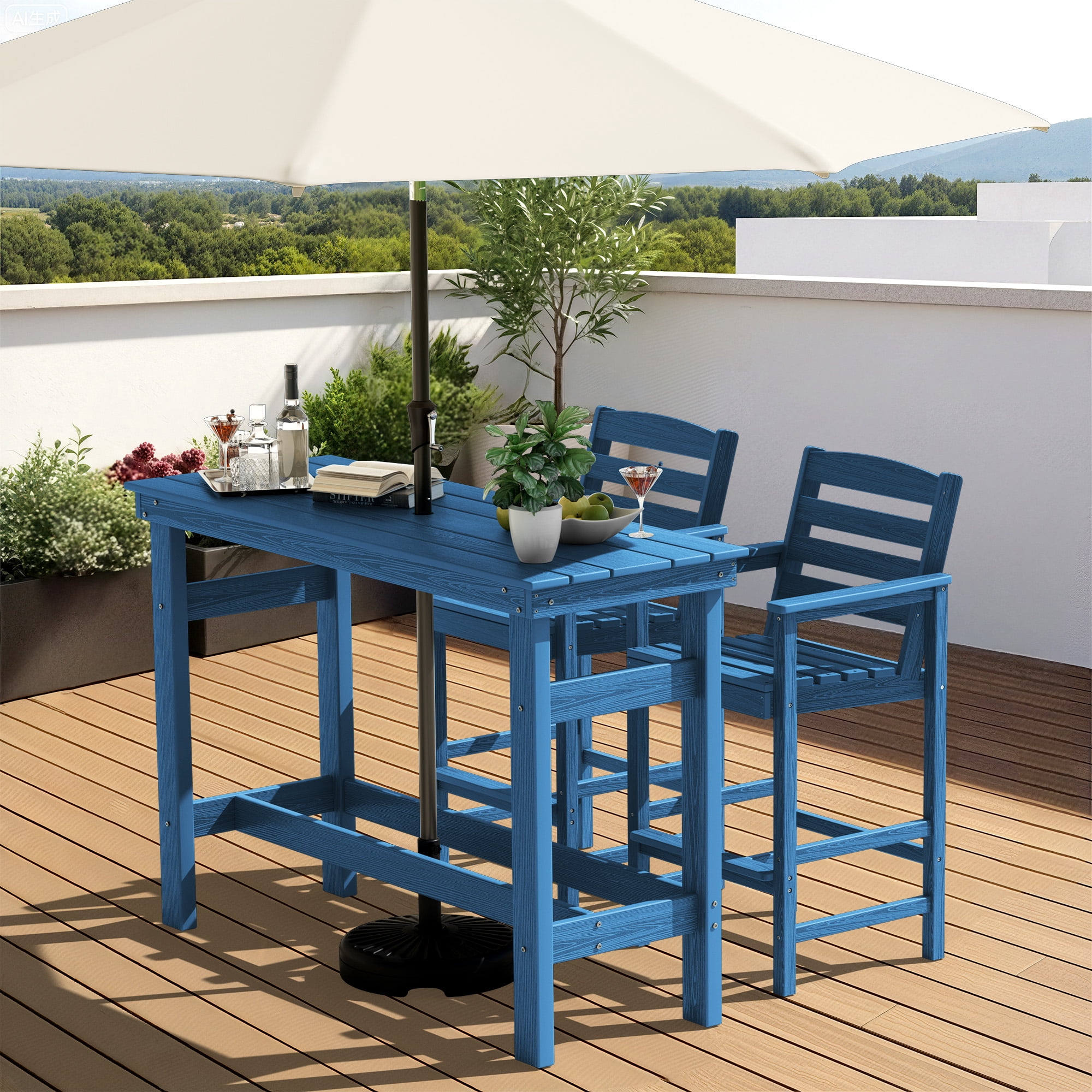 counter height patio umbrella SERWALL 4 Pieces Outdoor Patio Bar Set with 9ft Umbrella, HDPE Outdoor Bar  Height Table Set with Patio Umbrella, Navy