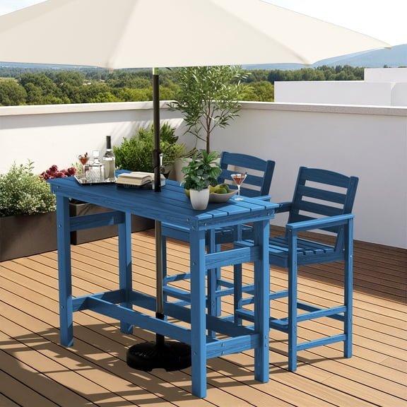 SERWALL 4 Pieces Outdoor Patio Bar Set with 9ft Umbrella, HDPE Outdoor Bar Height Table Set with Patio Umbrella, Navy