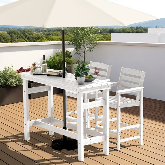 SERWALL HDPE Outdoor Patio Bar Set with 9ft Umbrella, 4 Pieces Outdoor Bar Height Table Set with Patio Umbrella, White