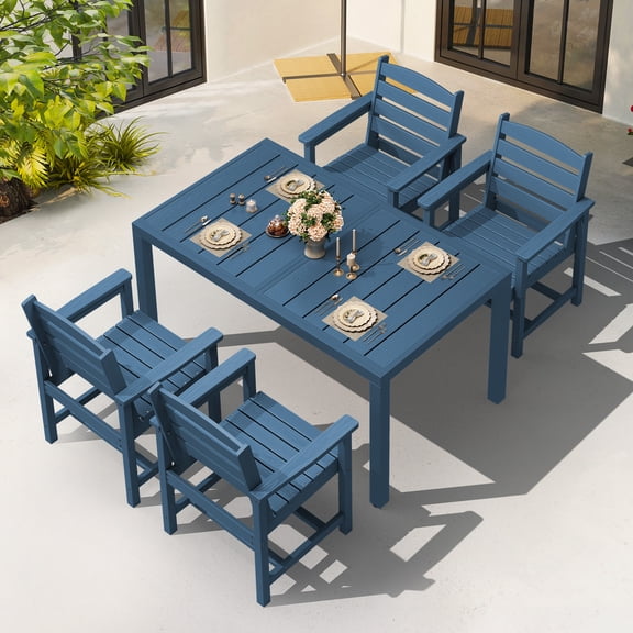 SERWALL 5-Piece Outdoor Dining Set with Expandable Patio Dining Table and 4 Chairs, 60–83 Inch All-Weather HDPE Patio Furniture Sets for Backyard, Garden, Deck, Poolside - Blue