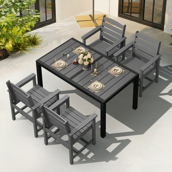 SERWALL 5-Piece Outdoor Dining Set with Expandable Patio Dining Table and 4 Chairs, 60–83 Inch All-Weather HDPE Patio Furniture Sets for Backyard, Garden, Deck, Poolside - Gray