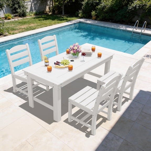 SERWALL 5-Piece HDPE Outdoor Dining Table Set, All-Weather 67-Inch Patio Table and 4 Armless Chairs for Deck, Lawn or Garden, White