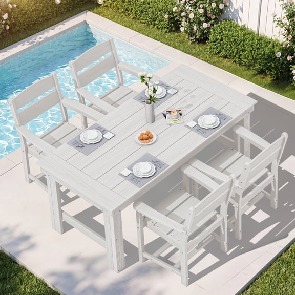 SERWALL 5-Piece HDPE Outdoor Dining Table Set, All-Weather 67-Inch Patio Table and 4 Classic Chairs for Deck, Lawn or Garden, White