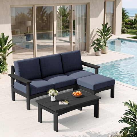 SERWALL 5-Piece HDPE Outdoor Patio Sofa Set, Modular Sectional Conversation Furniture, Weather-Resistant Patio Sofas, Deck, Backyard & Poolside, Black Frame with Grey Cushions