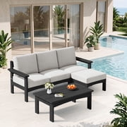 SERWALL 5-Piece HDPE Outdoor Patio Sofa Set, Modular Sectional Conversation Furniture, Weather-Resistant Patio Sofa, Deck, Backyard &amp; Poolside, Black Frame with Khaki Cushions