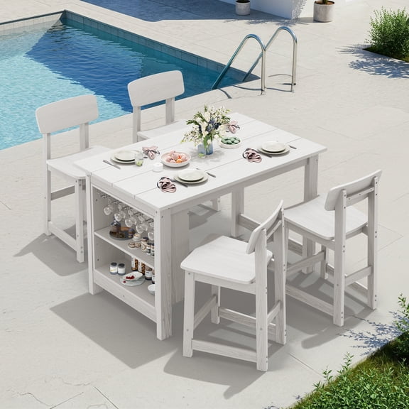 SERWALL 5-Piece Outdoor Bar Sets, All Weather Outdoor Bar Table & 4 Bar Chairs, Counter Height Table with Storage, Wine Rack & Footrests, Outdoor Dining Sets for Patio, Backyard, Poolside - White