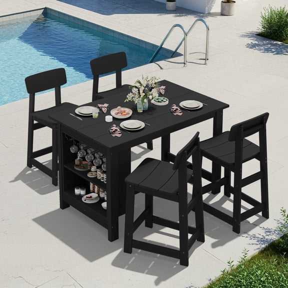 SERWALL 5-Piece Outdoor Bar Sets, All Weather Patio Bar Table and Stools, High Top Table with Storage Shelf & Wine Rack, Bar Height Patio Set for Garden, Backyard, Poolside, Home - Black