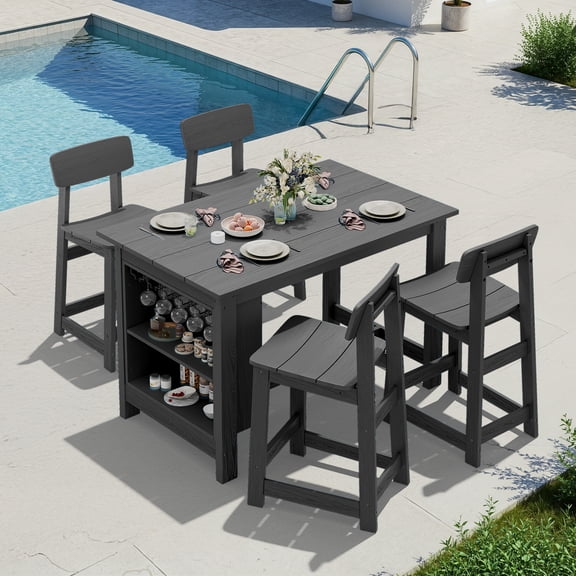 SERWALL 5-Piece Outdoor Bar Sets, All Weather Patio Bar Table and Stools, High Top Table with Storage Shelf & Wine Rack, Bar Height Patio Set for Garden, Backyard, Poolside, Home - Grey