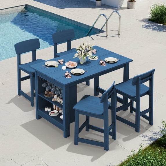 SERWALL 5-Piece Outdoor Bar Sets, All Weather Patio Bar Table and Stools, High Top Table with Storage Shelf & Wine Rack, Bar Height Patio Set for Garden, Backyard, Poolside, Home - Blue