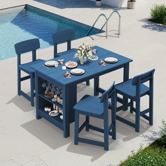 SERWALL 5-Piece Outdoor Bar Sets, All Weather Patio Bar Table and Stools, High Top Table with Storage Shelf & Wine Rack, Bar Height Patio Set for Garden, Backyard, Poolside, Home - Blue