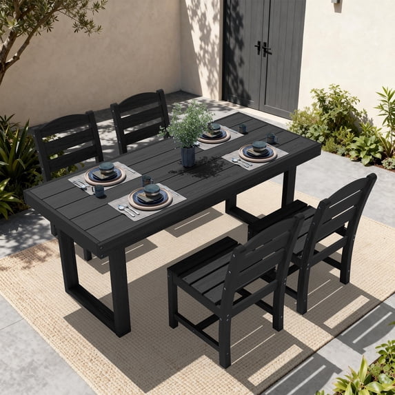 SERWALL 5-Piece Outdoor Patio Dining Set, All-Weather HDPE Table and Chairs, Rectangular Table with Umbrella Hole, Seats 4, Low Maintenance,Black