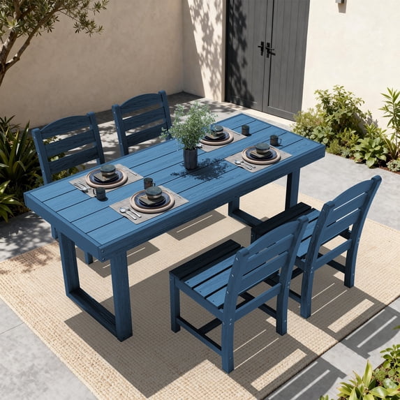 SERWALL 5-Piece Outdoor Patio Dining Set, All-Weather HDPE Table and Chairs, Rectangular Table with Umbrella Hole, Seats 4, Low Maintenance,Blue