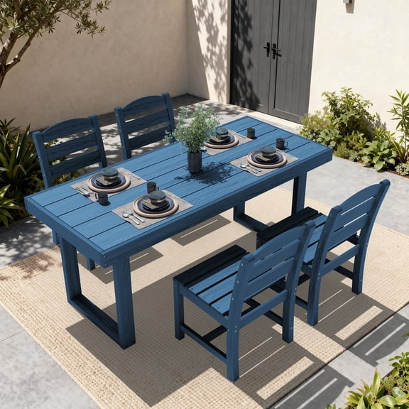 SERWALL 5-Piece Outdoor Patio Dining Set, All-Weather HDPE Table and Chairs, Rectangular Table with Umbrella Hole, Seats 4, Low Maintenance,Blue