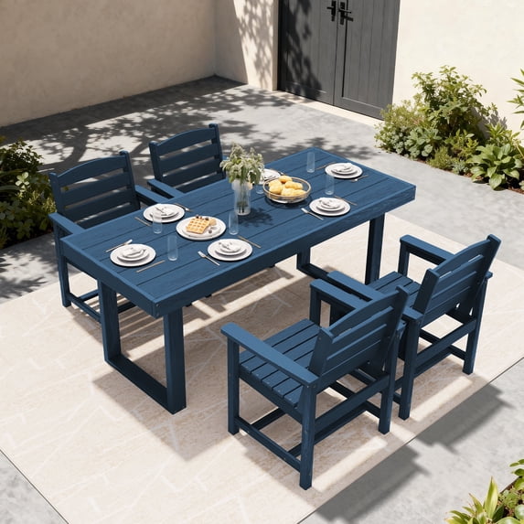SERWALL 5-Piece Outdoor Patio Dining Set, All-Weather HDPE Table and Chairs, Rectangular Table with Umbrella Hole, Seats 4, Low Maintenance,Blue