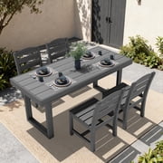 SERWALL 5-Piece Outdoor Patio Dining Set, All-Weather HDPE Table and Chairs, Rectangular Table with Umbrella Hole, Seats 4, Low Maintenance,Gray