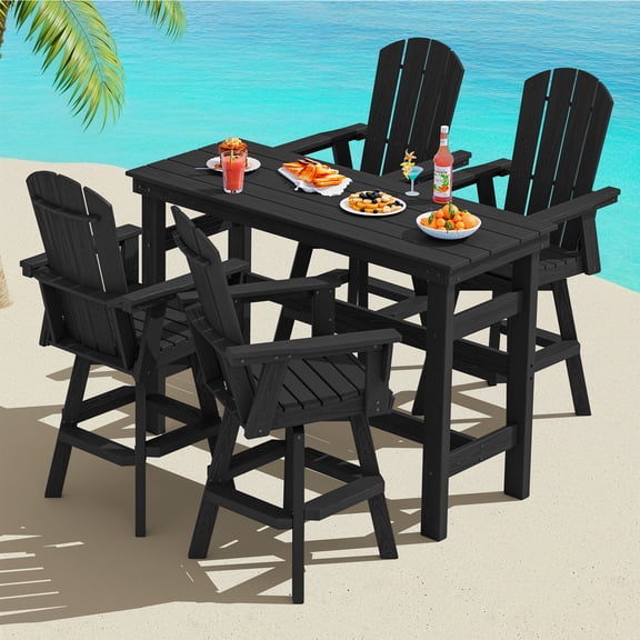 SERWALL 5-Piece Outdoor Swivel Bar Set with Table, 4 HDPE Swivel Bar Chairs & 1 Bar Table, All-Weather Patio Barstool Furniture, Black
