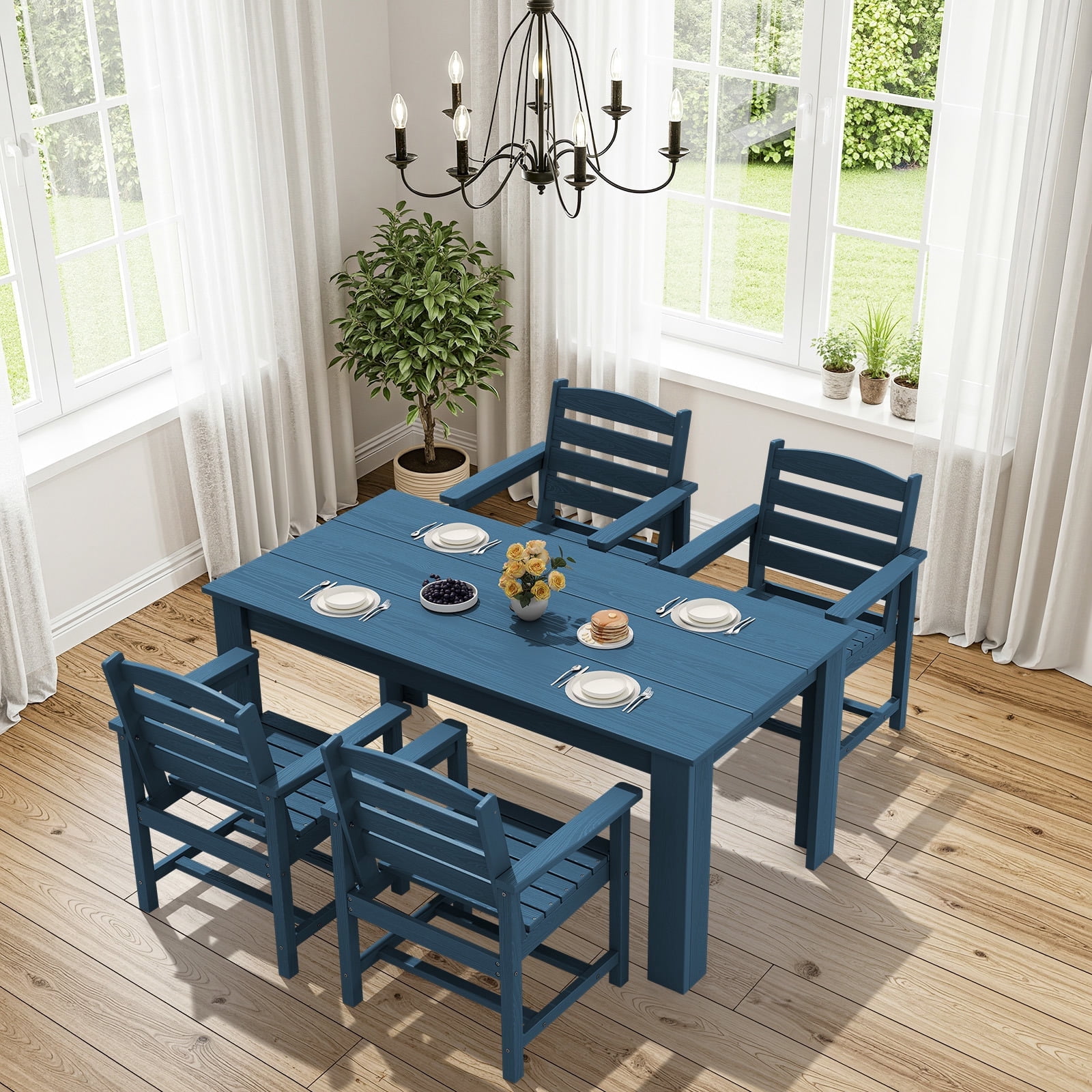 SERWALL 5-Piece Patio Dining Set, 59" Outdoor Dining Table and 4 Chairs with Umbrella Hole for Garden, Deck, Poolside, Blue