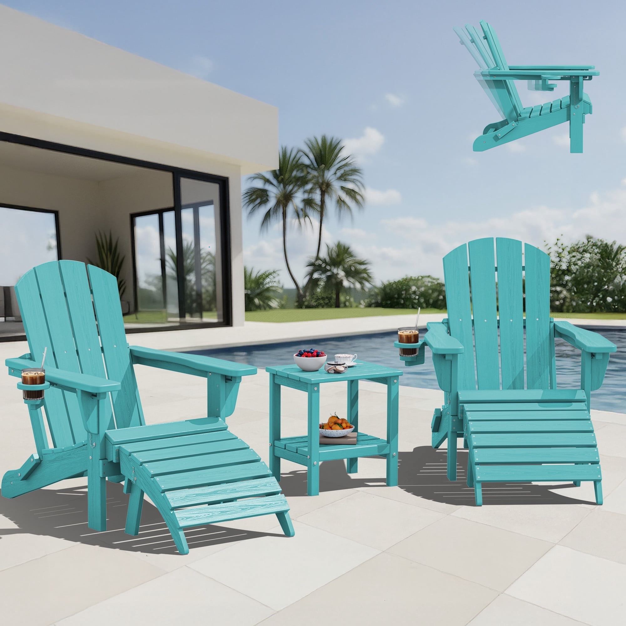 SERWALL 5PC Adjustable Folding Adirondack Chair and Ottoman and Double Side Table, HDPE Adirondack Chairs Set for Outdoor, Patio, Poolside, Garden, Aruba