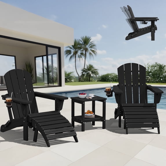SERWALL 5PC Adjustable Folding Adirondack Chair and Ottoman and Double Side Table, HDPE Adirondack Chairs Set for Outdoor, Patio, Poolside, Garden, Black
